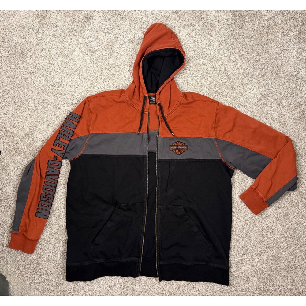 Harley-Davidson Hoodie 2XL Orange Black Biker Motorclothes Zipper Broken